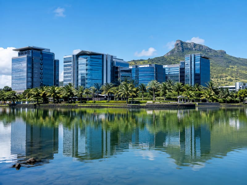 Office towers of Ebène Cybercity reflected in the lake, Mauritius
