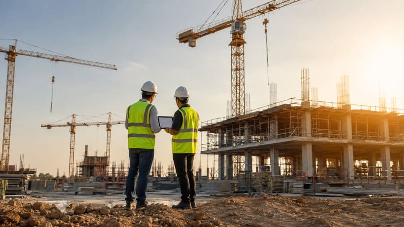 Two engineers reviewing drawings on a construction site at sunset