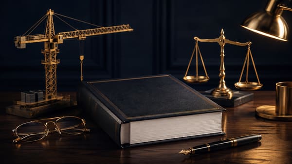 A bound construction contract, scales of justice and a model crane on a desk