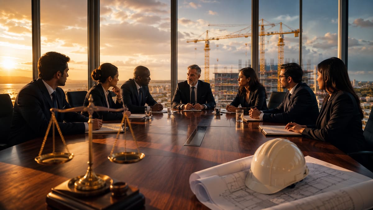 An arbitration panel in session in a Mauritius boardroom overlooking a construction site