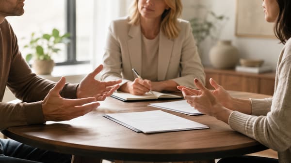 Three people in a mediation session around a round table